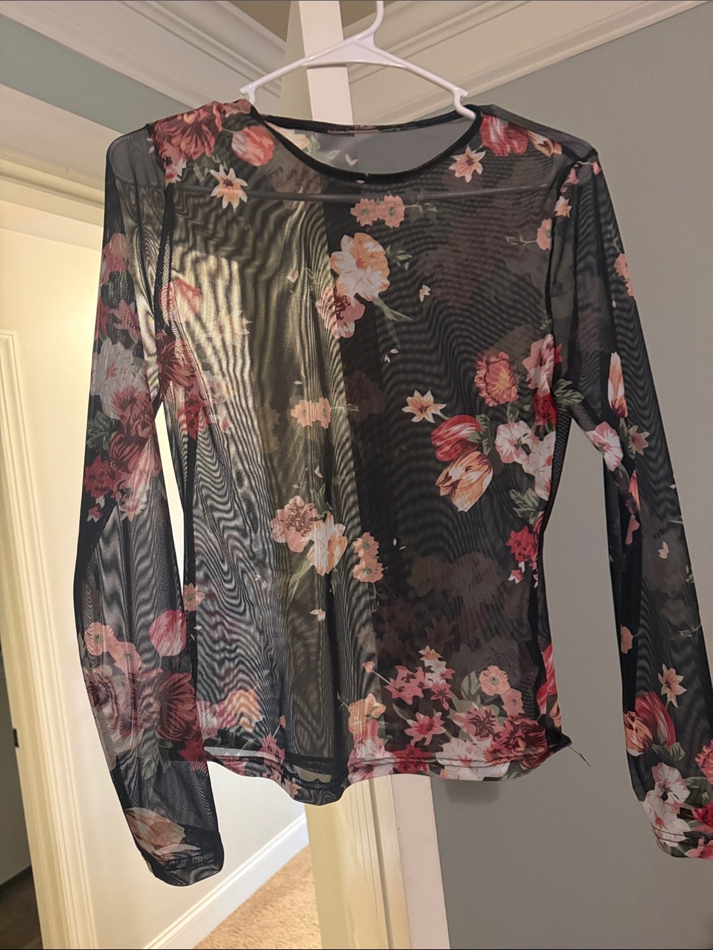 NWT SHEIN Black Sheer Floral Long Sleeve Top with Pink & Cream Flowers